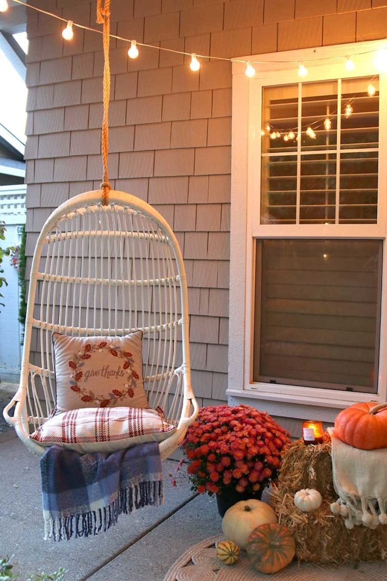 Neutral Fall Porch Decor with Pumpkins and Cornstalks - Modern Glam