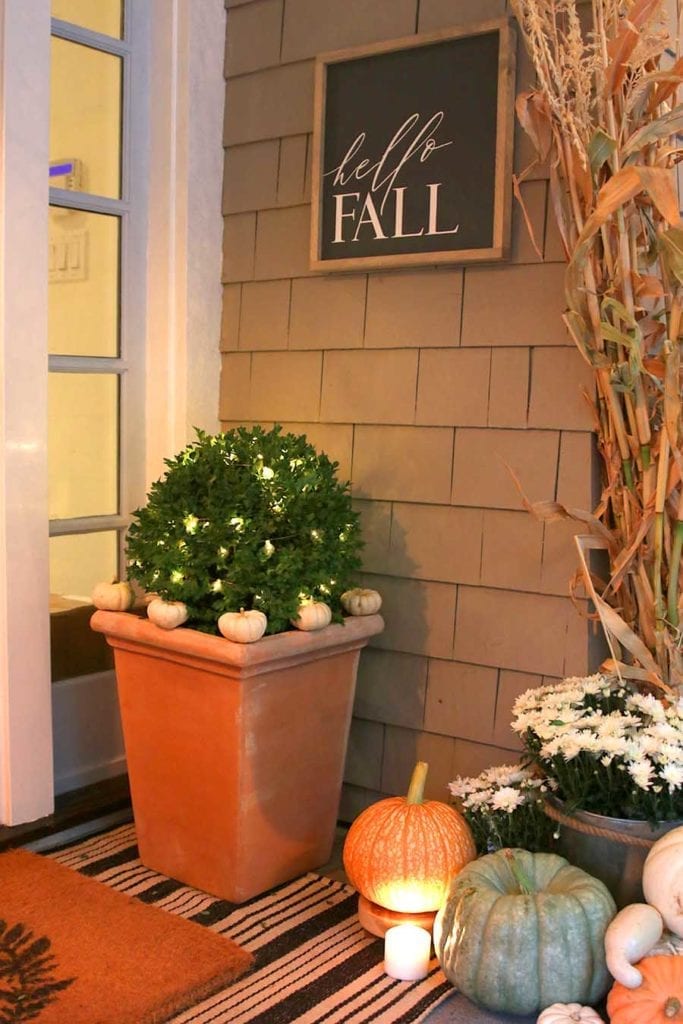 Neutral Fall Porch Decor with Pumpkins and Cornstalks - Modern Glam