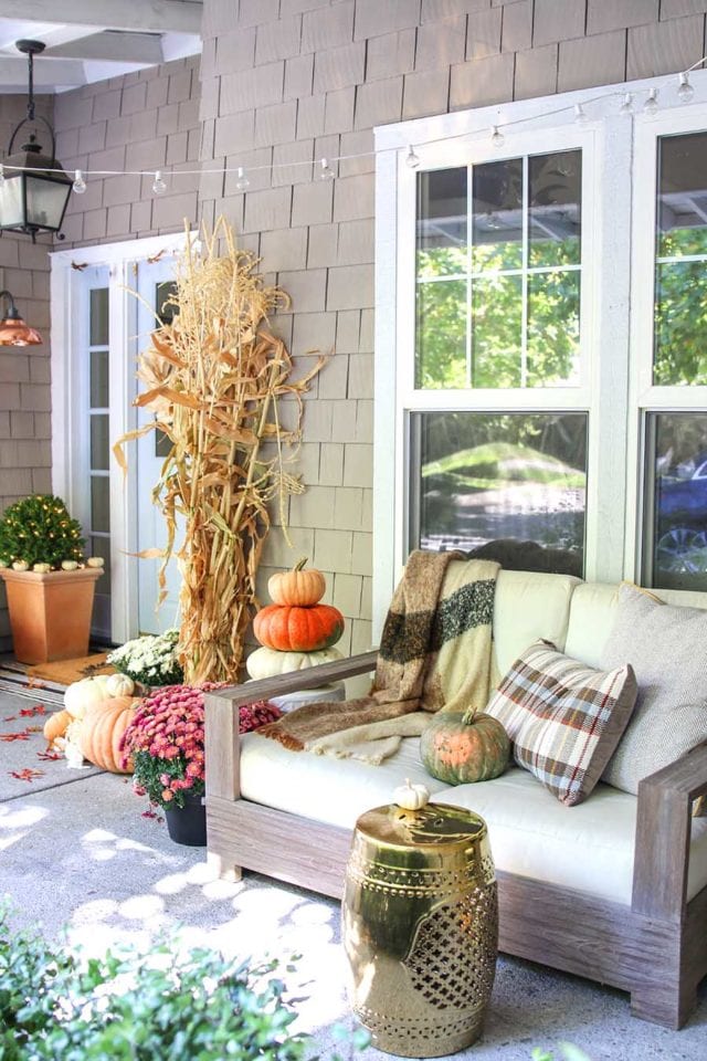 Neutral Fall Porch Decor with Pumpkins and Cornstalks - Modern Glam