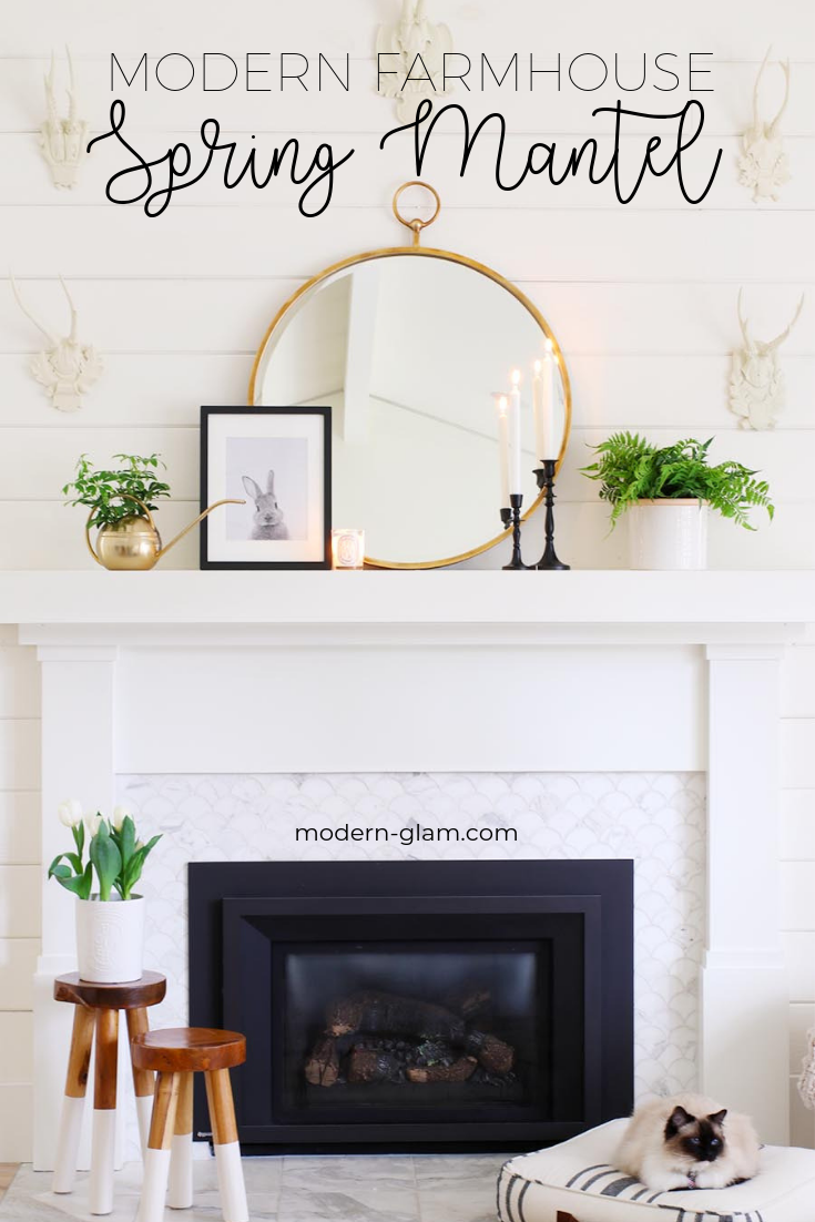 Simple Mantel Decorating Ideas for Spring! Check out these easy and timeless ideas for transitioning your decor for Spring! #springdecorating #mantel #fireplace #spring #blackandwhitedecor via @modernglamhome