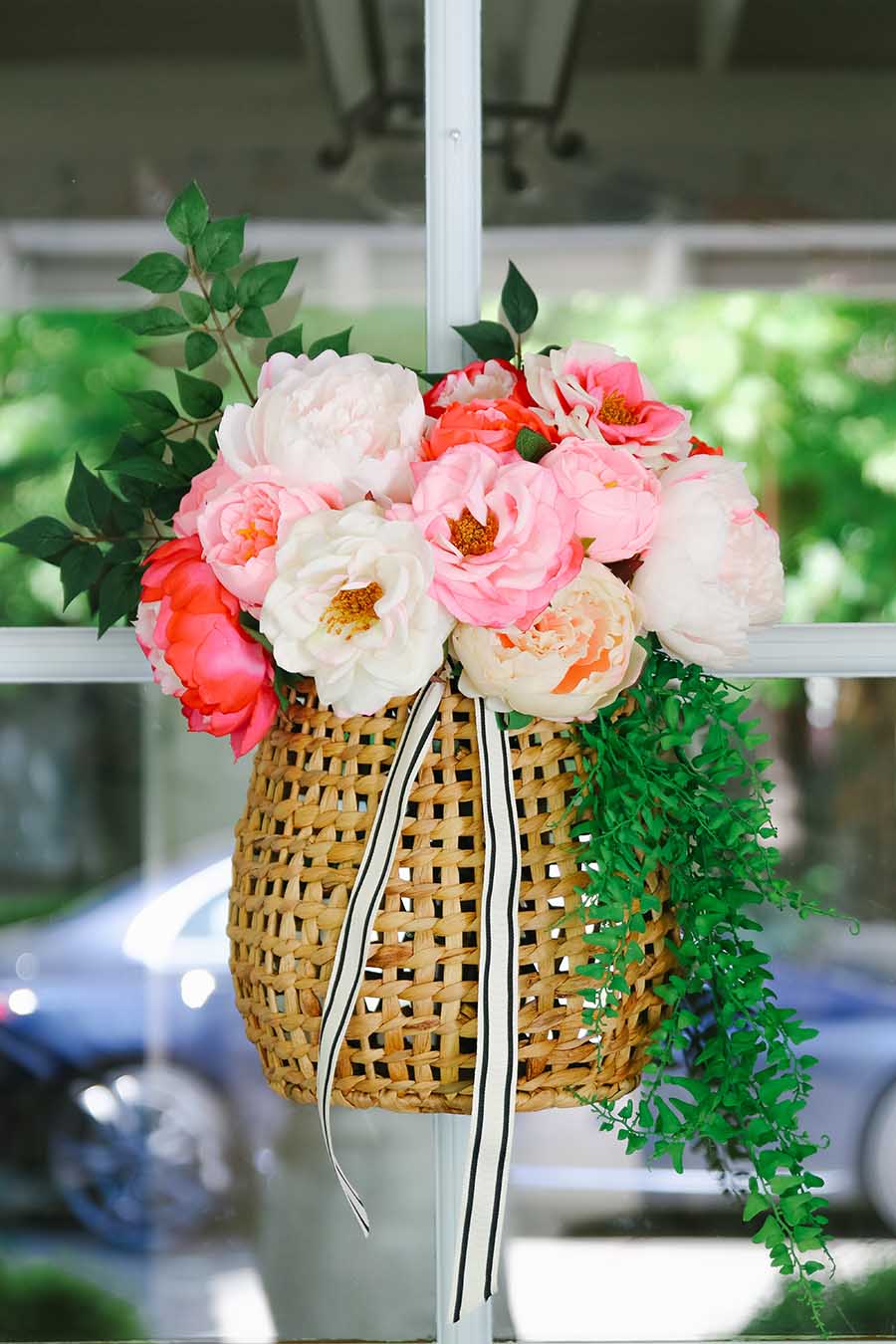 Hanging Basket Summer Wreath with Peonies - Modern Glam