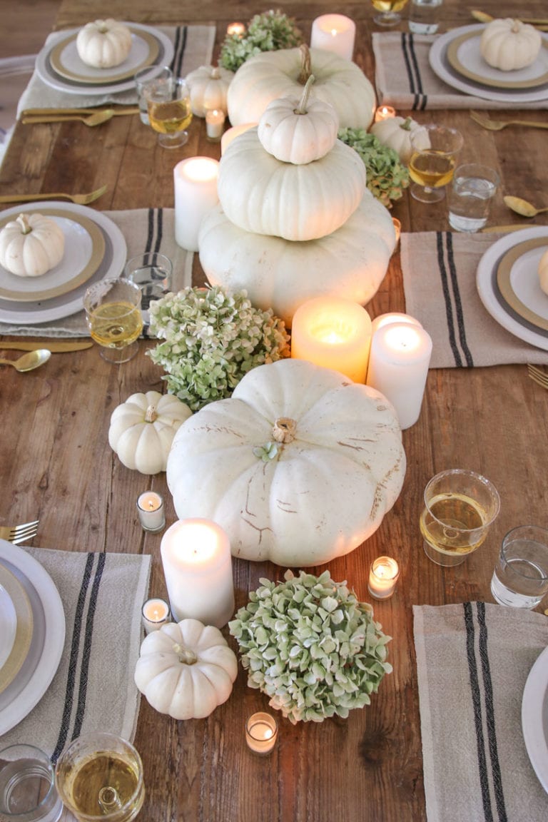 Simple Thanksgiving Table with White Pumpkins - Modern Glam