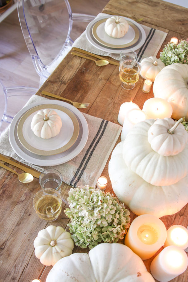 Simple Thanksgiving Table with White Pumpkins - Modern Glam