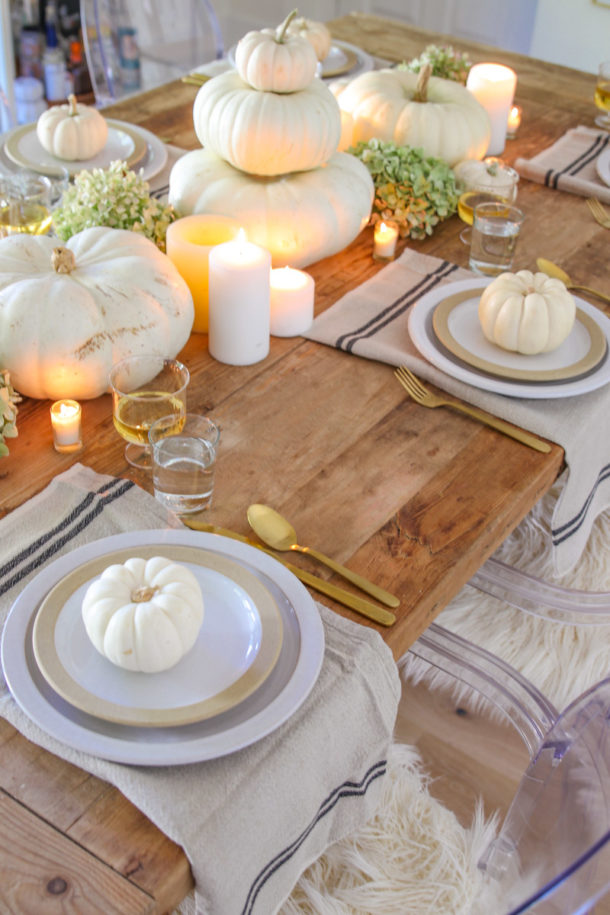 Simple Thanksgiving Table with White Pumpkins - Modern Glam