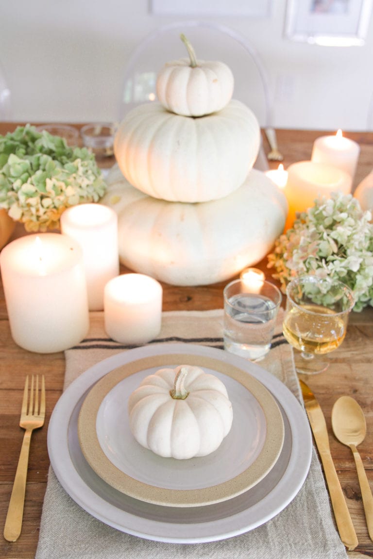 Simple Thanksgiving Table with White Pumpkins - Modern Glam