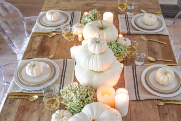 Simple Thanksgiving Table with White Pumpkins - Modern Glam